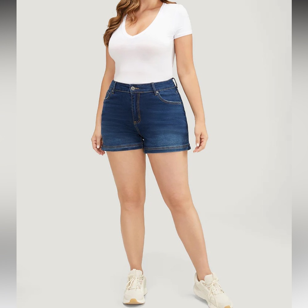 Moderately Stretchy High Rise Dark Wash Split Hem Denim Shorts